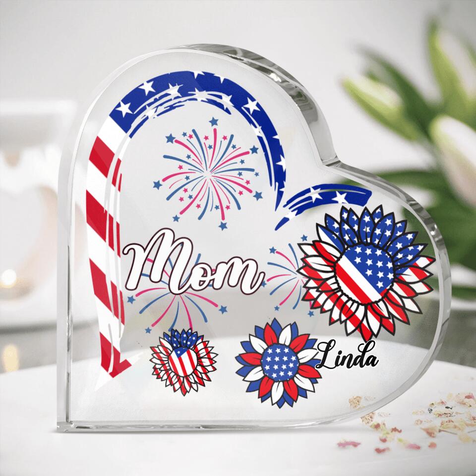 Personalized Grandma Crystal Heart - Gift Idea For Grandma - Up To 10 Kids - Firework With Sunflower US Flag Funny Kid