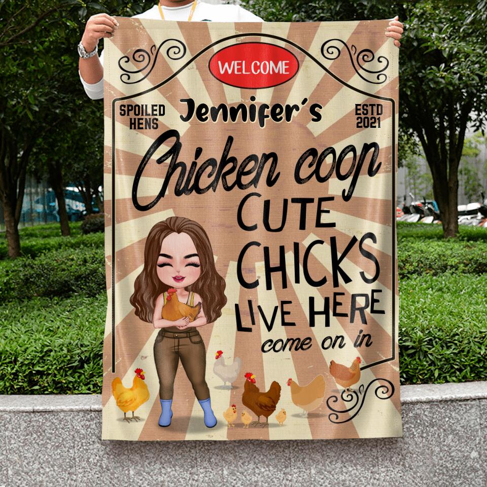 Personalized Cute Chicks Live Here Flag Sign - Chicken Coop Decor Gift For Couple/Chicken Lover