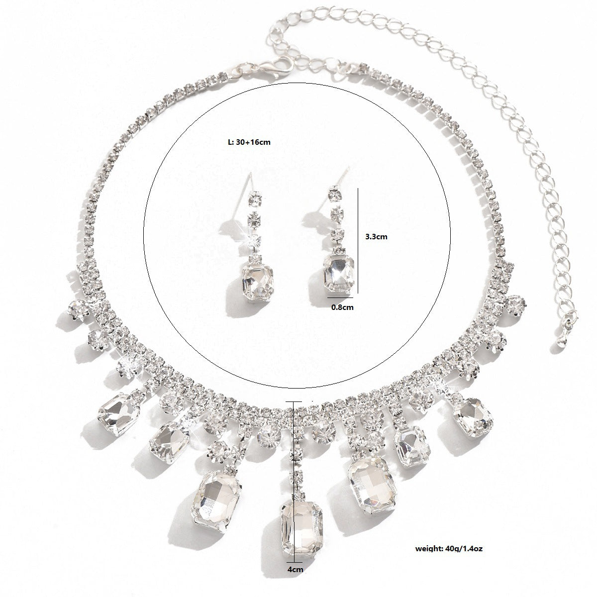 Cross-Border Dropshipping New White Rectangular Water Drop Tassel Crystal Necklace Earrings Women's Accessories Clavicle Chain