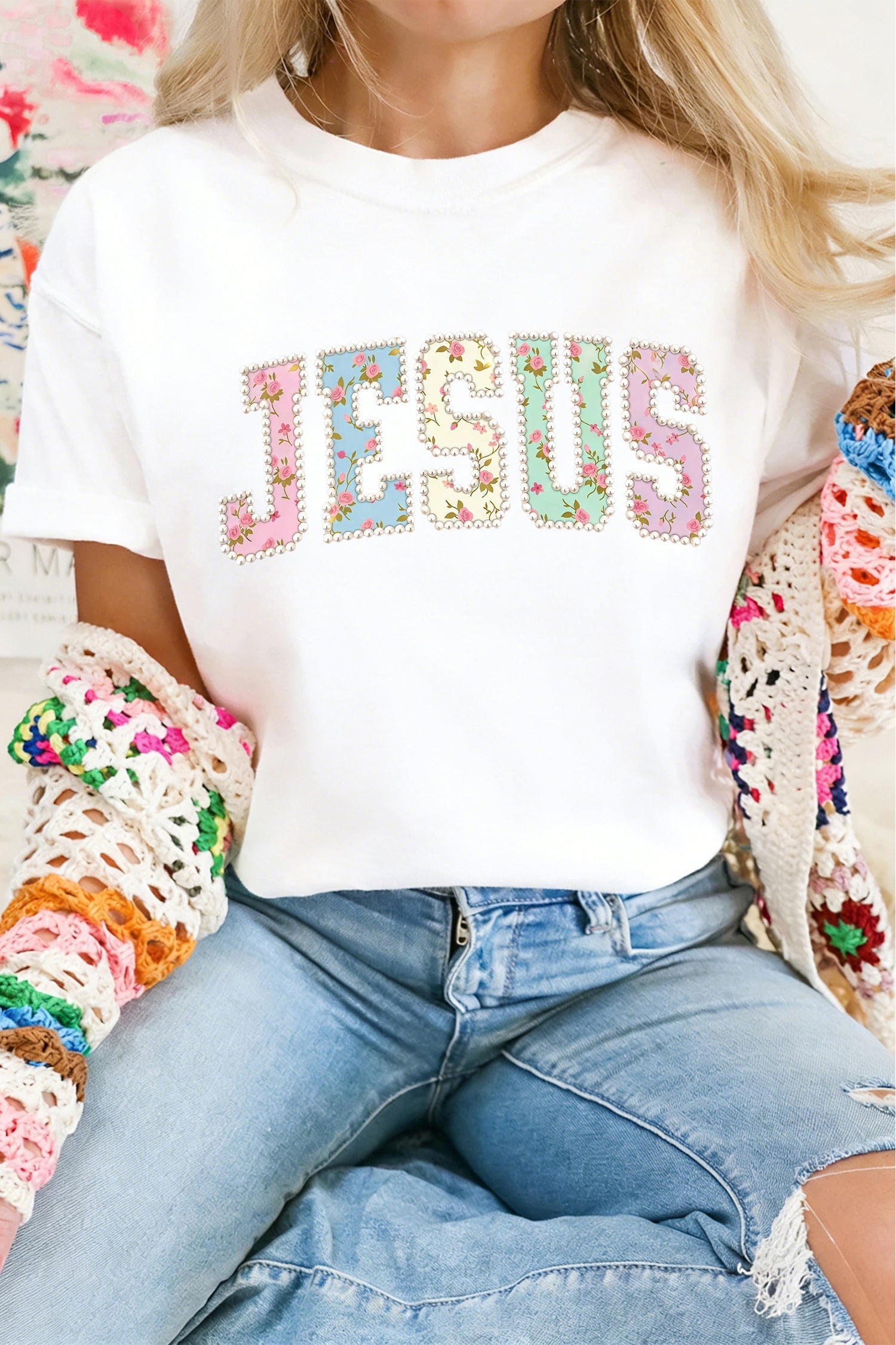 White JESUS Floral Pearl Printed Letter Graphic Tee