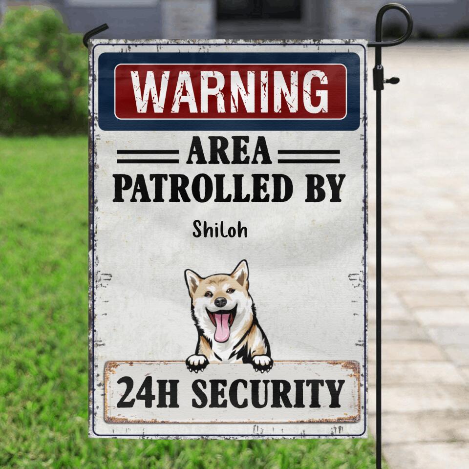 Personalized Warning Dog Flag Sign - Gift Idea For Dog Lovers - Up To 5 Dogs - Warning Area Patrolled By 24h Security