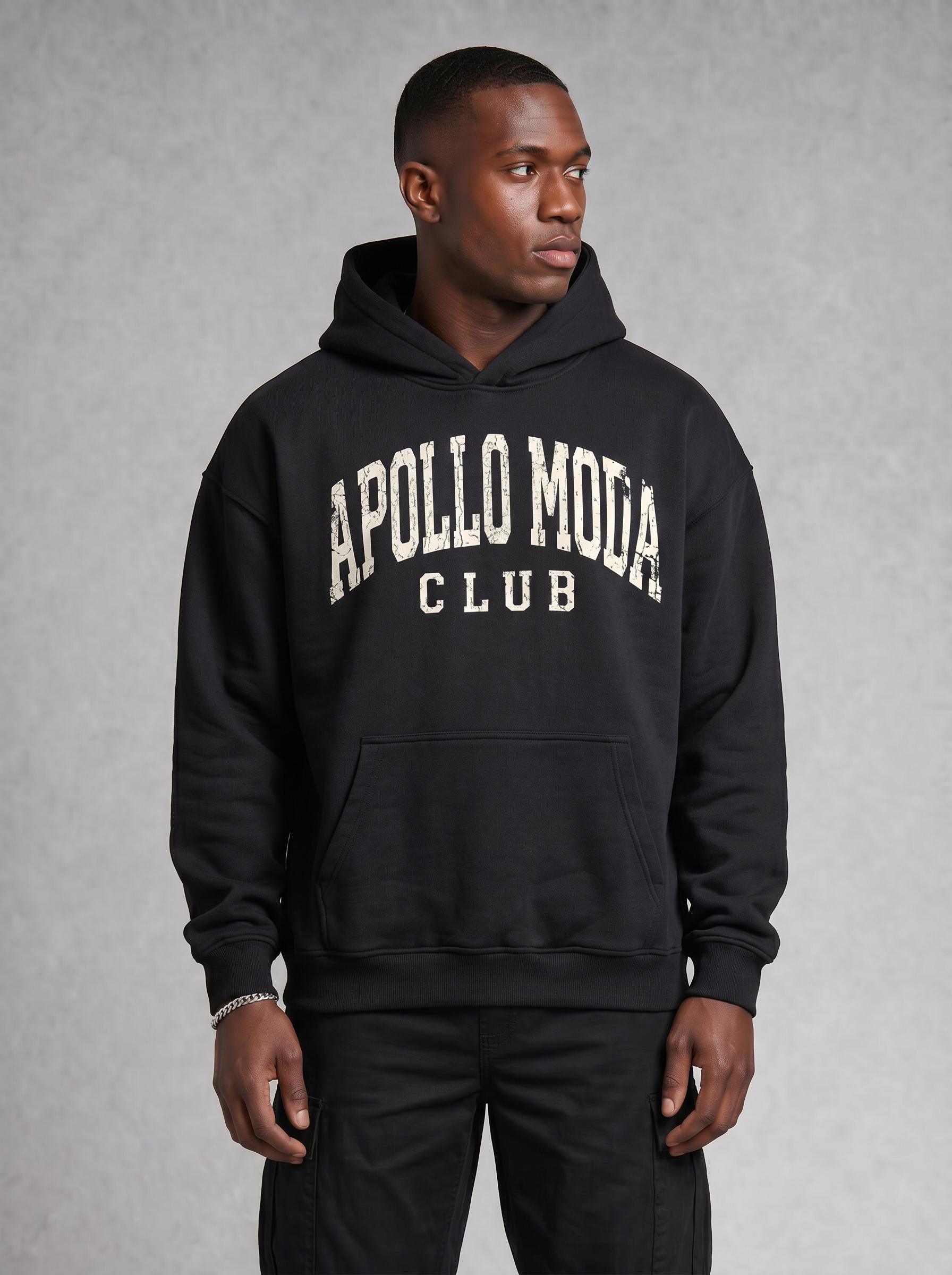 Unisex oversized heavyweight hoodie with distressed collegiate arch graphic