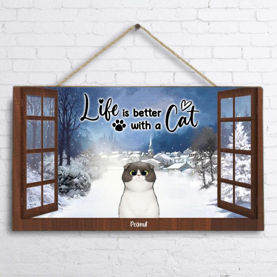 Personalized Cat And Dog Christmas By Window Door Sign - Up to 6 Pets - Best Gift For Cat/Dog Lover - Life Is Better With Cats