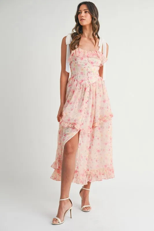 Floral Printed Shoulder Strap Midi Dress in Chiffon