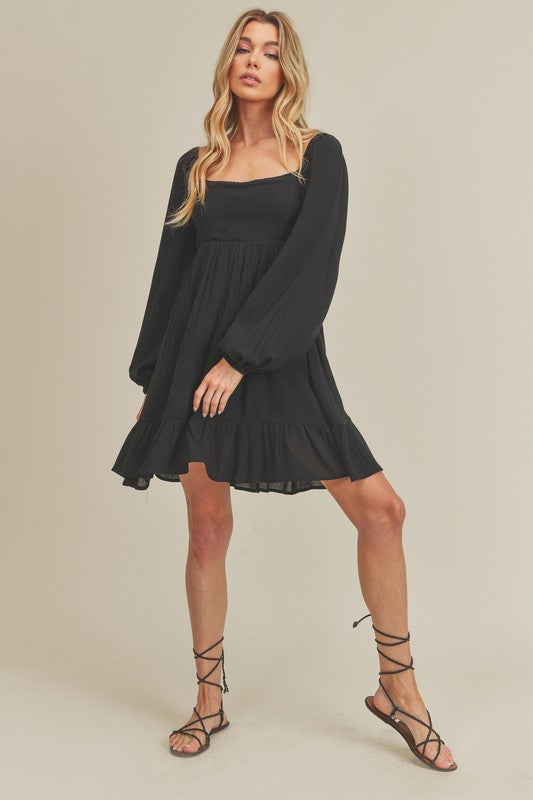 Square Neck Balloon Sleeve Mini Dress with Ruched Hem
