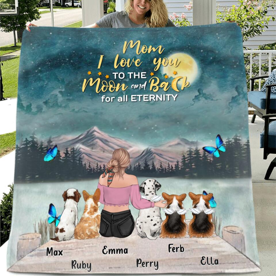 Personalized Pet Mom/Dad Fleece Throw Blanket/Quilt/Pillow Cover - Gift Idea For Pet Owner with 5 Pets - Mom, I Love You To The Moon and Back For All Eternity