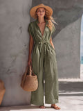 Women's Zip Front V-Neck Jumpsuit with Elastic Waist - Image 2