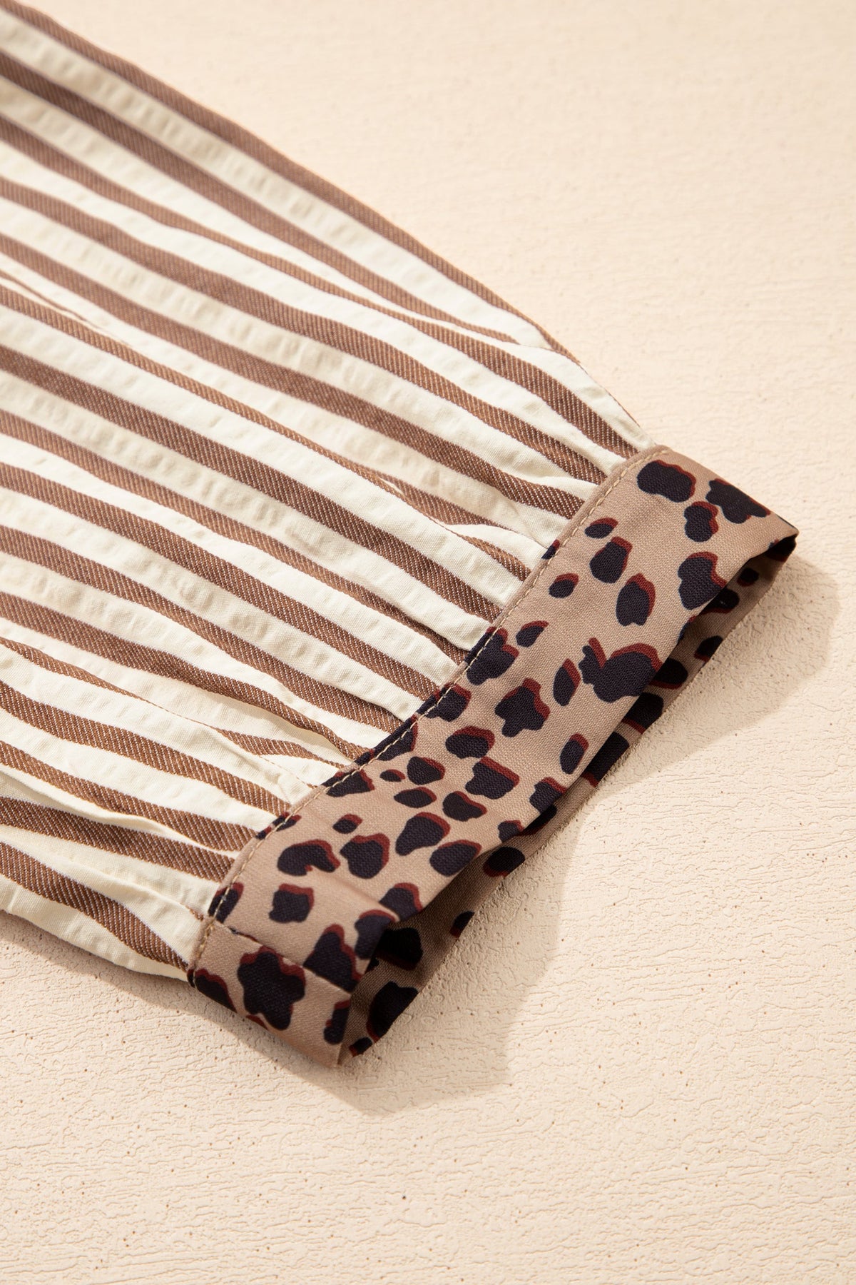 Stripe Leopard Trim 3/4 Sleeve Midi Shirt Dress