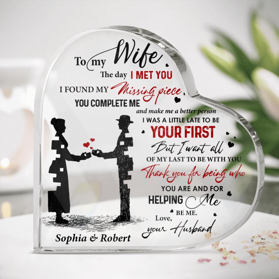 Personalized Crystal Acrylic Plaque - Gift for Couple, Husband and Wife - Gift from Husband to Wife - To my wife my missing piece