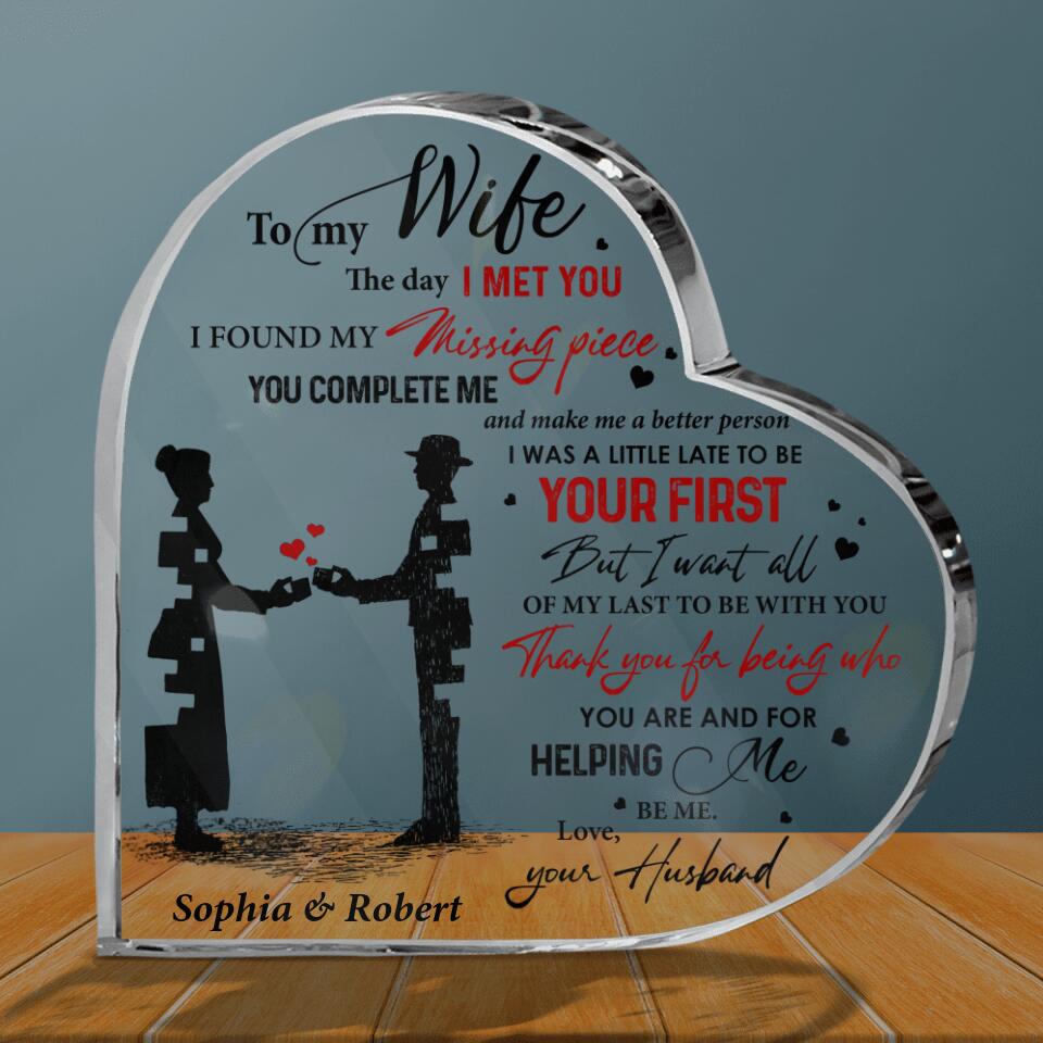 Personalized Crystal Acrylic Plaque - Gift for Couple, Husband and Wife - Gift from Husband to Wife - To my wife my missing piece