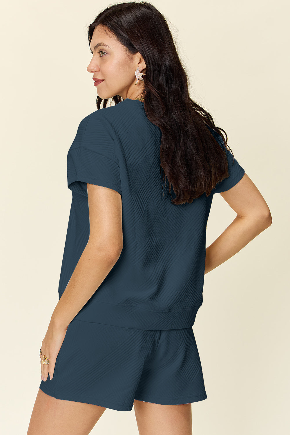 White Textured Drawstring Shorts and Relaxed Tee Lounge Set - Image 23