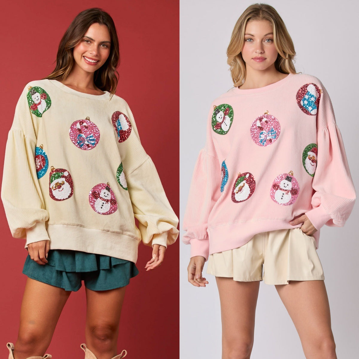 A woman wearing a festive cream-colored long-sleeve sweatshirt with colorful sequined Christmas ornament graphics.