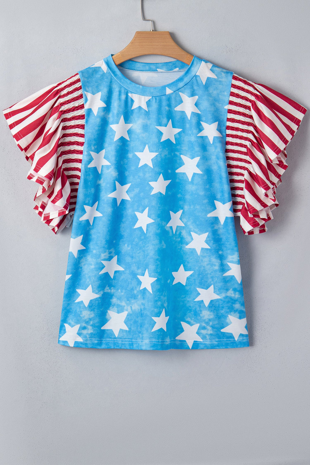 Sky Blue Star Print Striped Ruffle Sleeve Independence Day Top