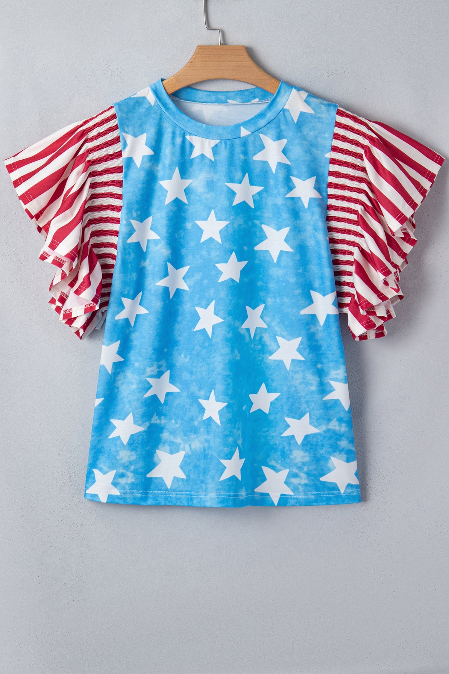 Sky Blue Star Print Striped Ruffle Sleeve Independence Day Top