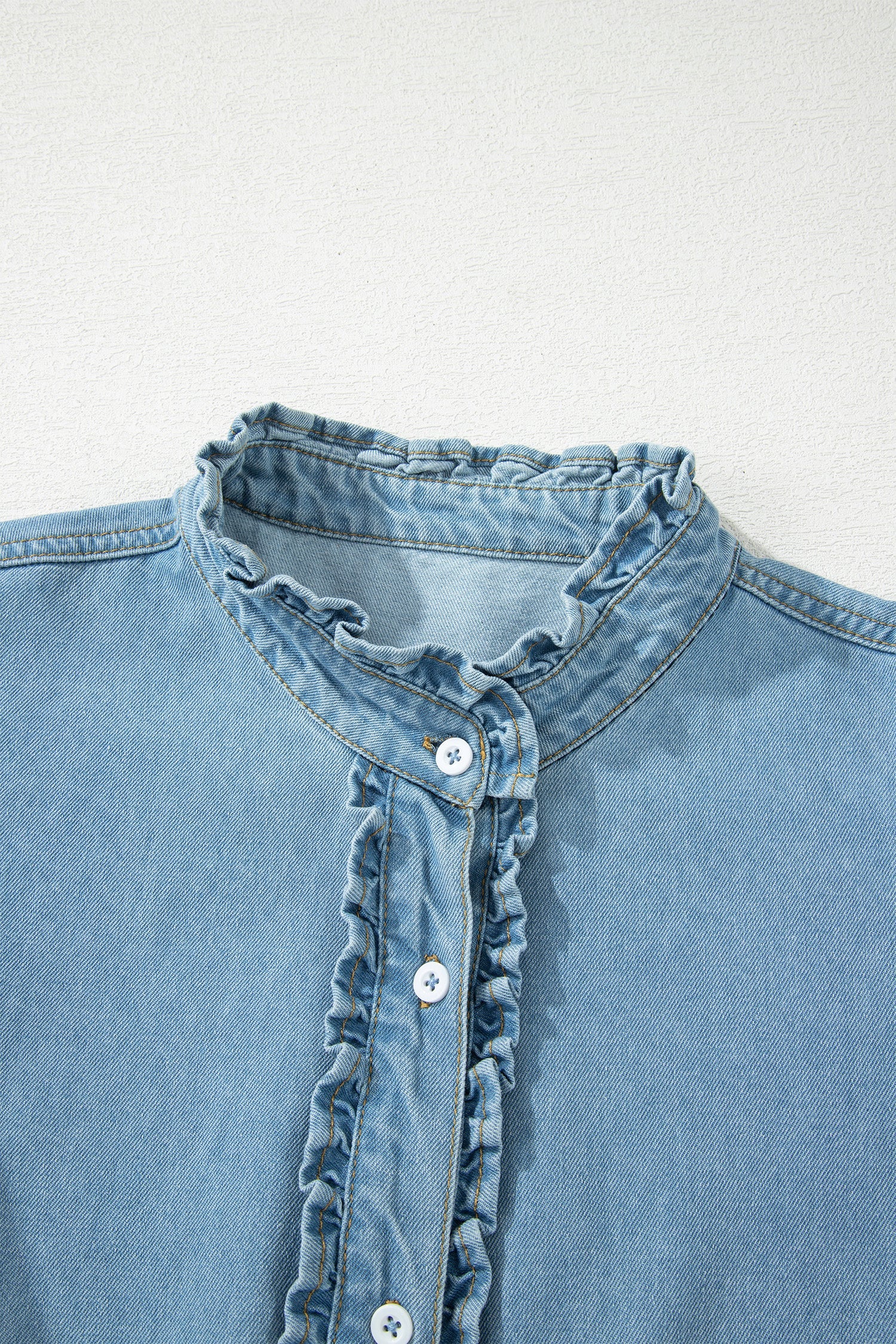 Myosotis Frilled Detail Button Down Ruffle Short Sleeve Denim Mini Dress