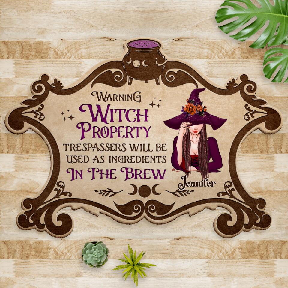 Personalized Witch Doormat - Gift Idea For Halloween/Home Decor - Warning Witch Property Trespassers Will Be Used As Ingredients In The Brew