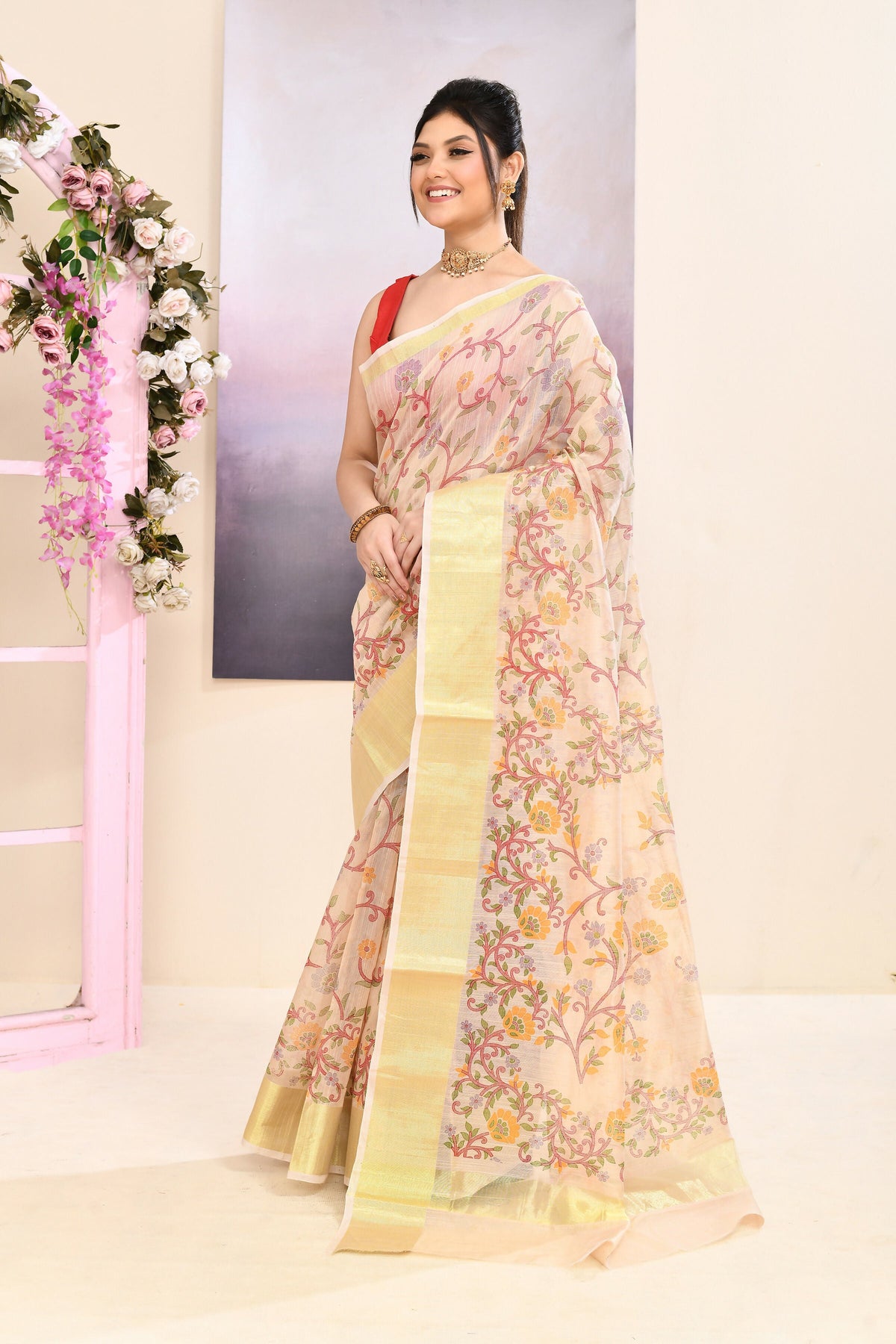 Beige Embellished Printed Saree in Cotton Blend