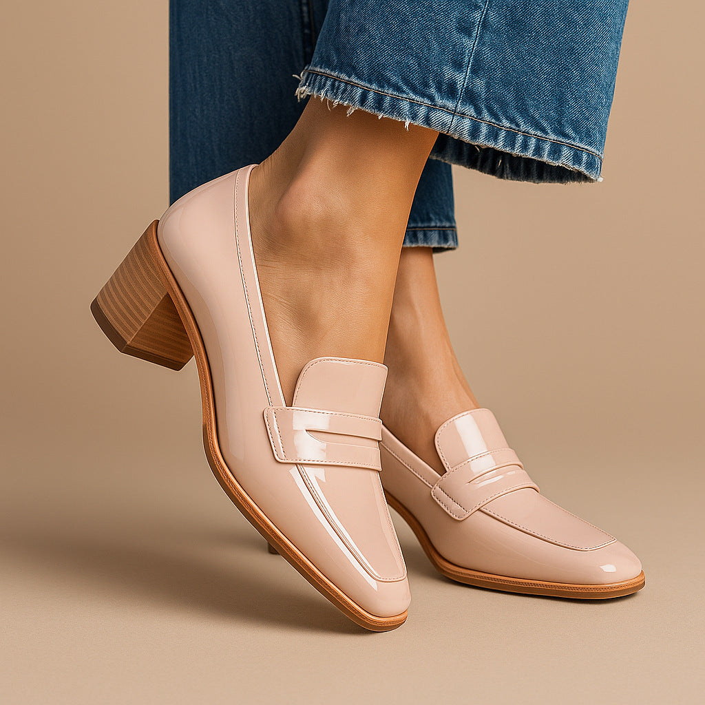 Women’s Patent Square-Toe Block-Heel Loafers in Soft Nude