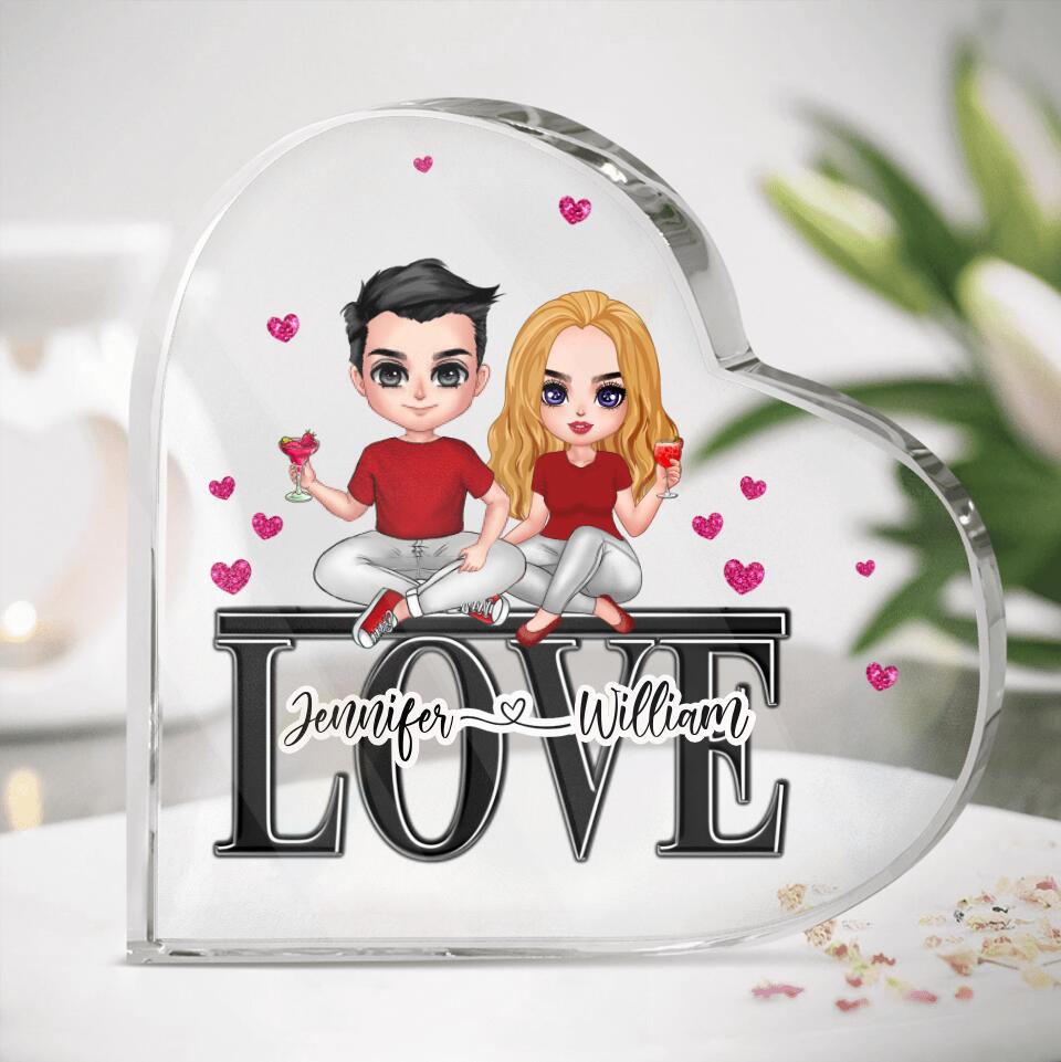 Personalized Couple Sitting On Word Love Acrylic Plaque - Anniversary Gift Idea For Couple - Gift For Him & Her