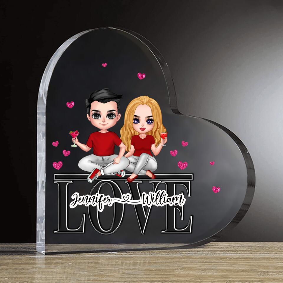 Personalized Couple Sitting On Word Love Acrylic Plaque - Anniversary Gift Idea For Couple - Gift For Him & Her