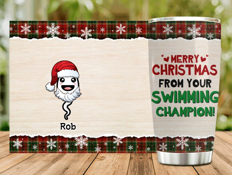 Personalized Funny Tumbler For Dad - Up to 7 Kids - Christmas Gift Idea For Father - Merry Christmas From Your Swimming Champion