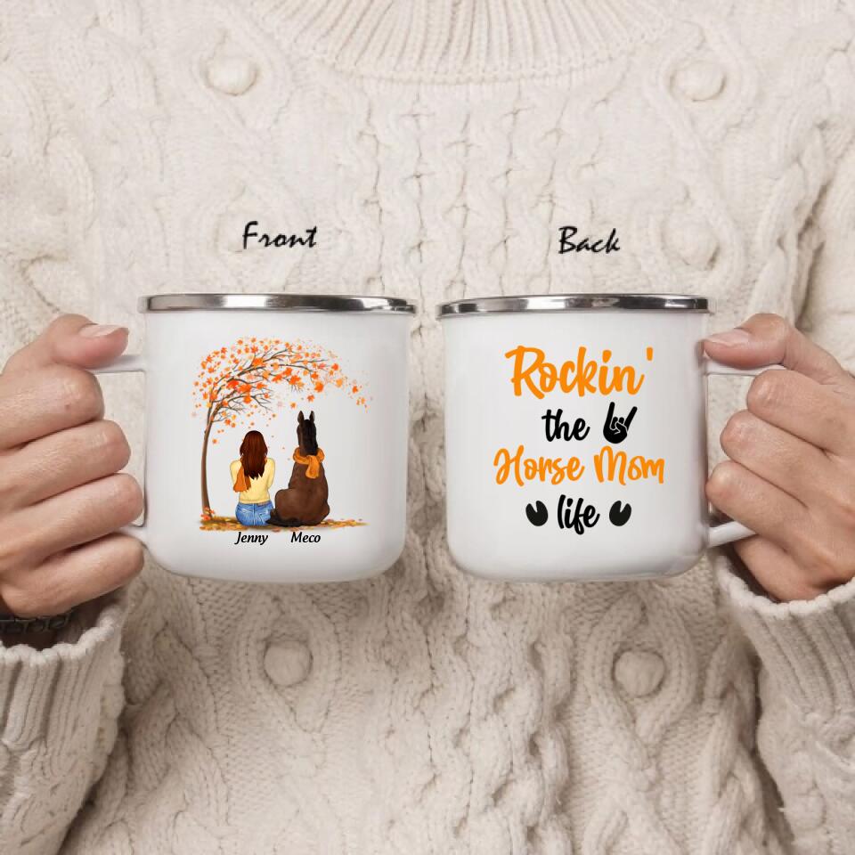 Personalized Horse Mom In Autumn Enamel Mug - Girl With Up to 3 Horses - Best Gift For Horse Lover - Rocking The Horse Mom Life