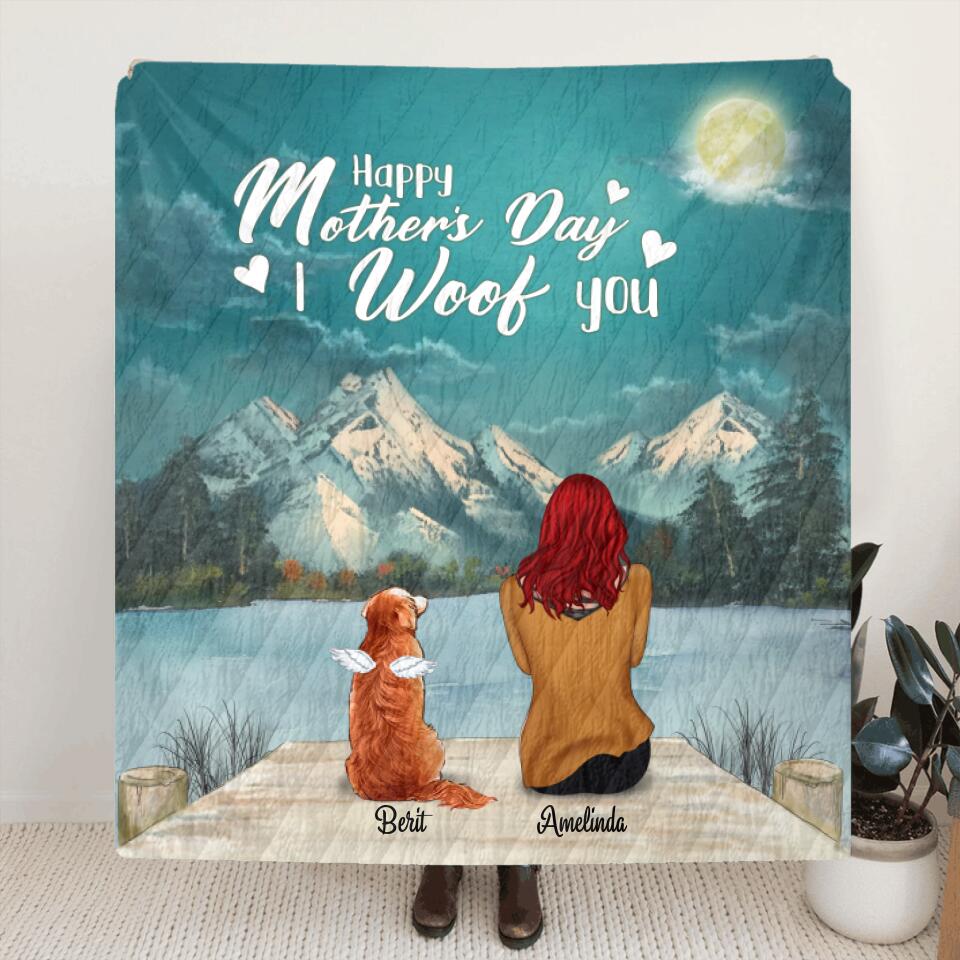 Personalized Mother's Day Gift Idea For Dog Mom, Cat Mom - Mom and Up to 5 Pets Fleece Blanket/Quilt - Happy Mother's Day I Woof You