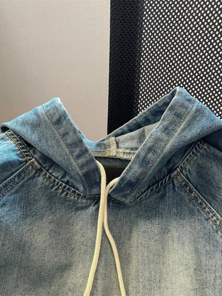 Women's Vintage Wash Denim Hoodie - Harajuku Style Oversized - Image 3