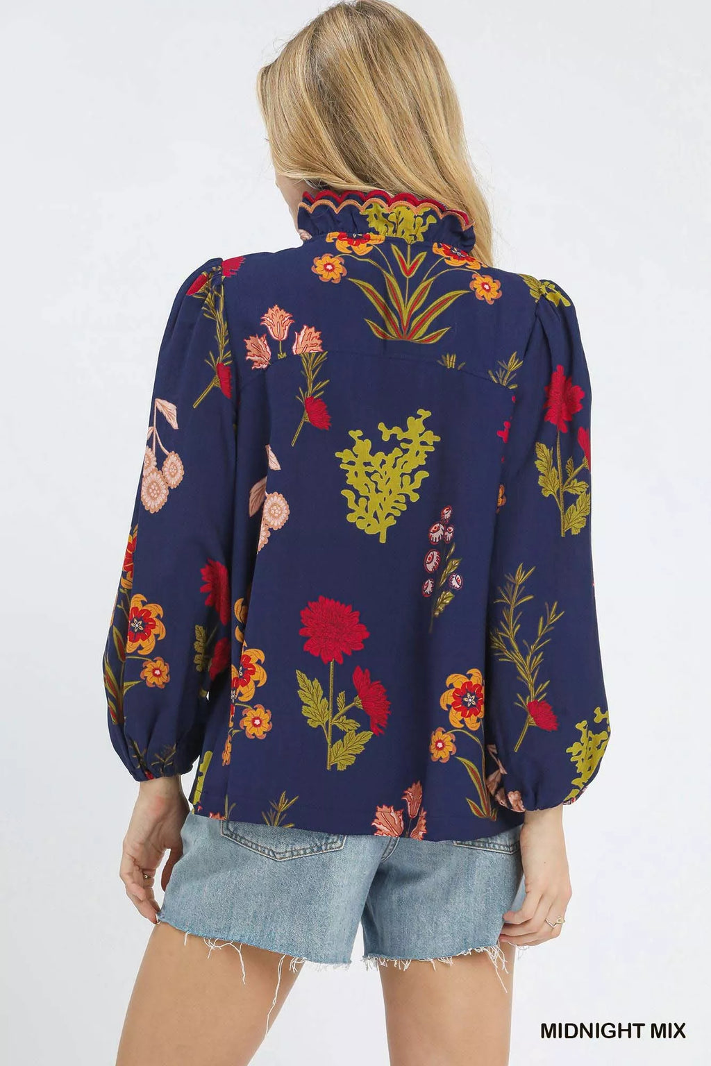 Umgee Flower Print Blouse with Scalloped Neckline