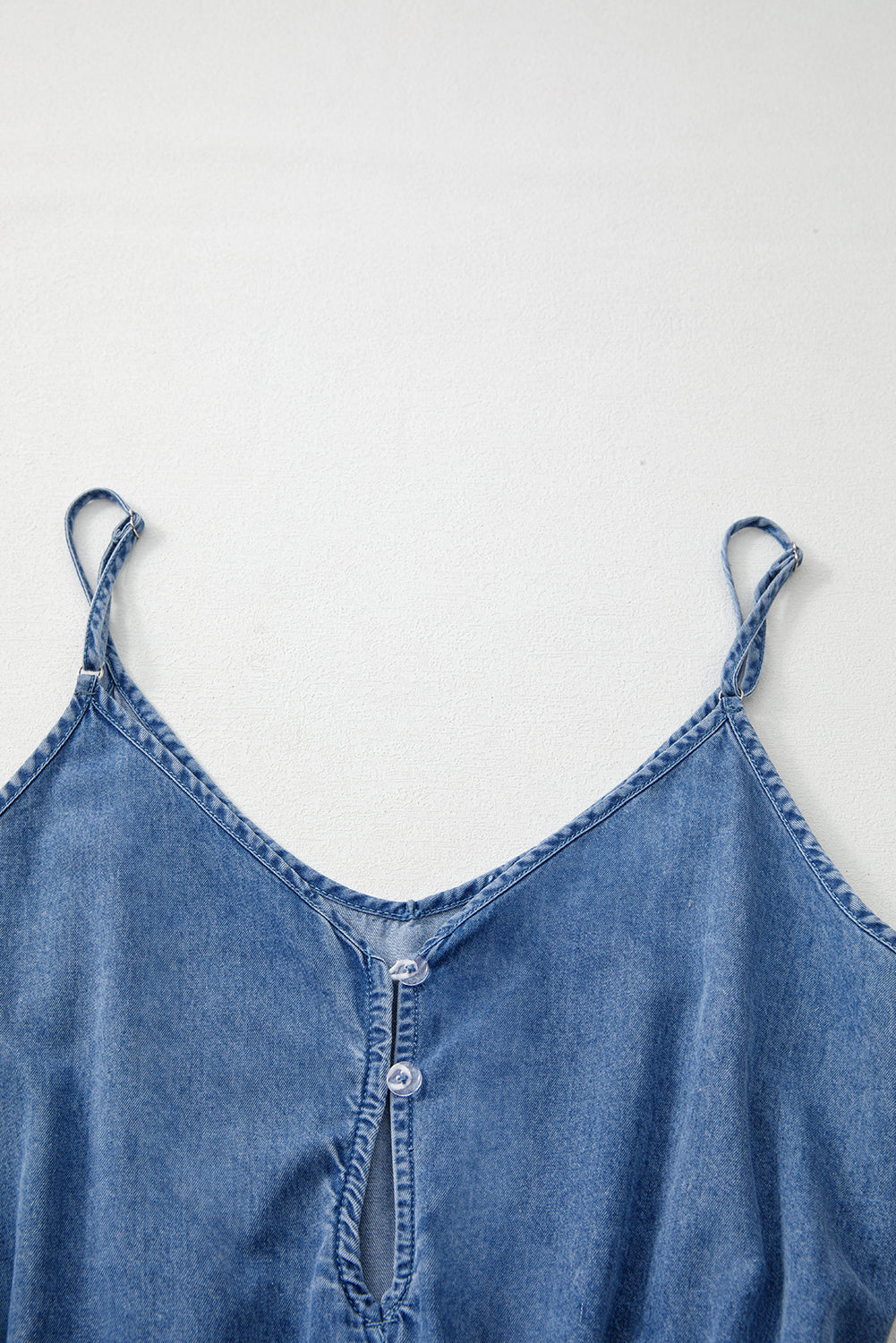 Ashleigh Blue Chambray Romper Spaghetti Straps Belted