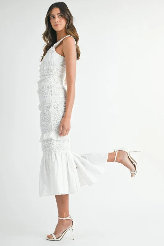White Ruffled Popcorn Smocked Mermaid Midi Dress
