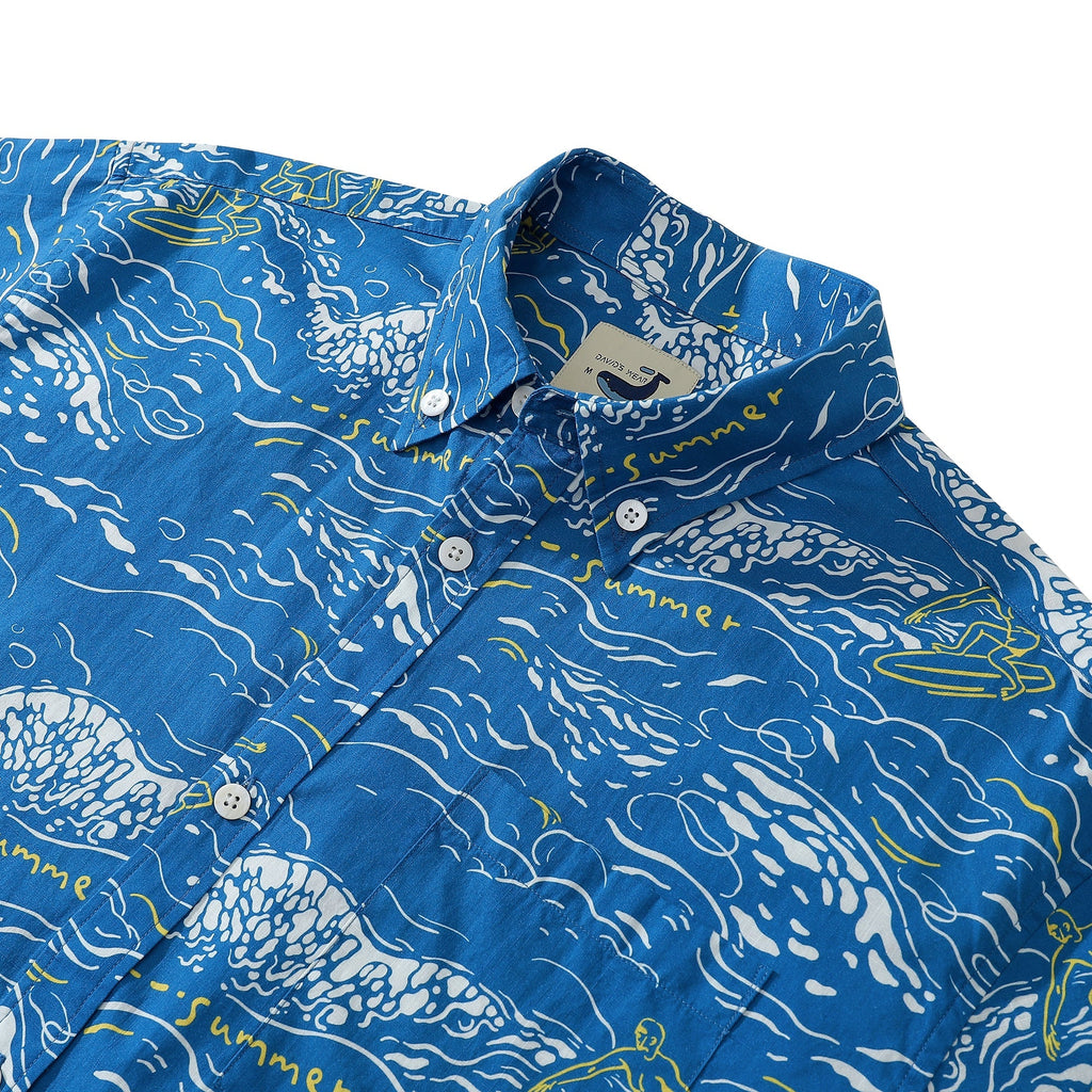 Men's Ocean Wave Print Cotton Button-Down Aloha Shirt