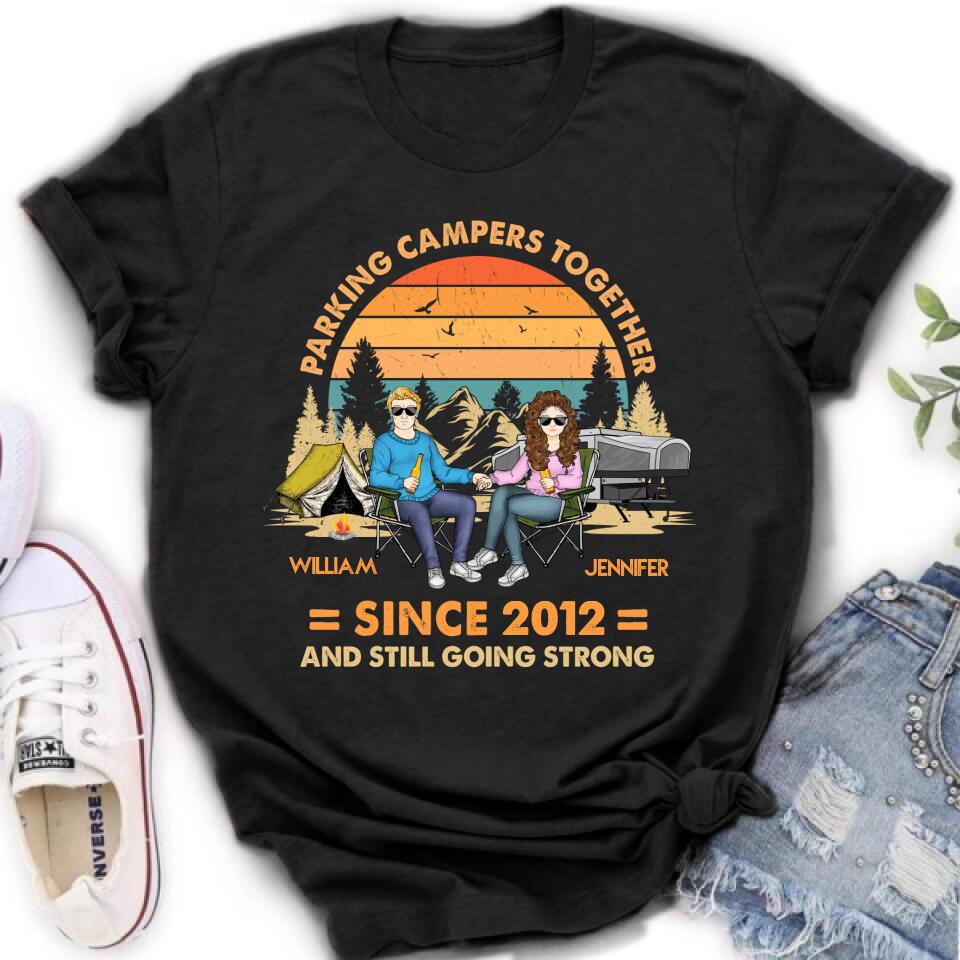Personalized Camping Couple Holding Hands Shirt/Hoodie - Gift Idea For Couple/Camping Lover - Parking Campers Together Since 2012 And Still Going Strong