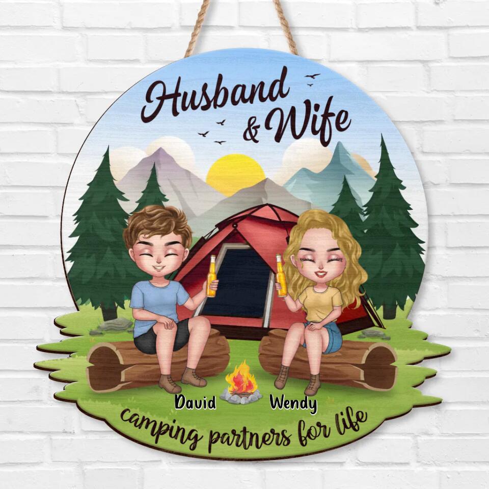 Personalized Camping Couple Wooden Sign - Gift Idea For Camping Lover/Couple/Christmas - Husband and Wife Camping Partners For Life