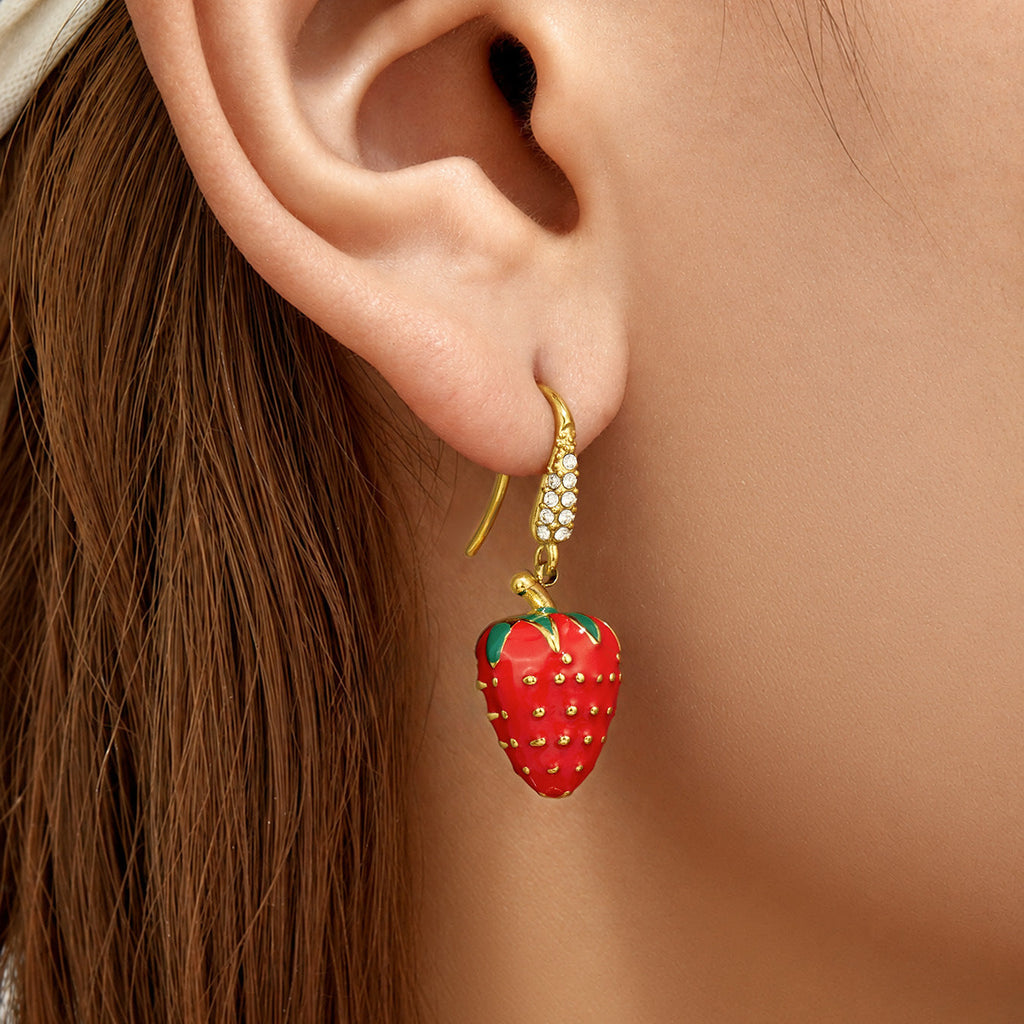 Strawberry Enamel Zircon Inlaid Earrings PVD Gold Plated Titanium Steel Fashion Women Ear Jewelry For Daily Dating Party Occasions