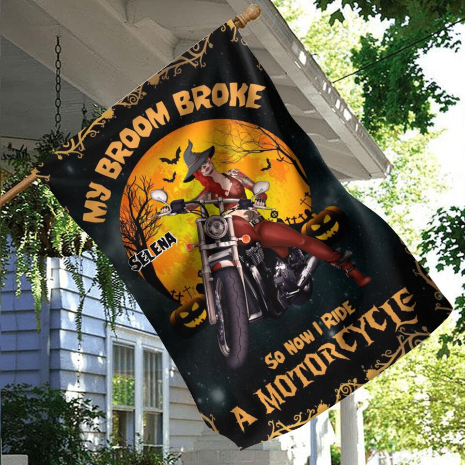 Personalized Witch Flag - Up to 4 Dogs - Halloween Gifts For Friends/Dog Lovers - My Broom Broke So Now I Ride A Motorcycle