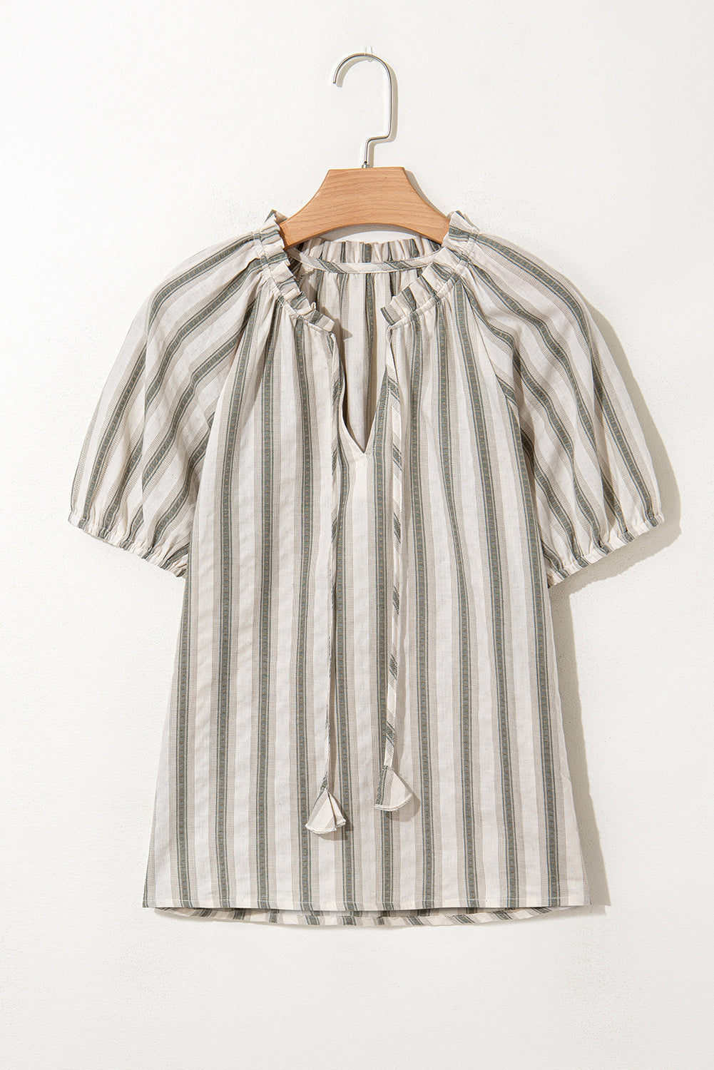 Striped Frilled Tie-Neck Short Sleeve Blouse | Cotton