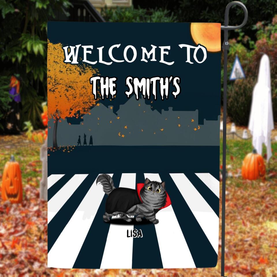 Personalized Halloween Cat Flag Sign - Up to 6 Cats - Halloween Gift For Cat Lover - Welcome To The Smith's - IX99LO