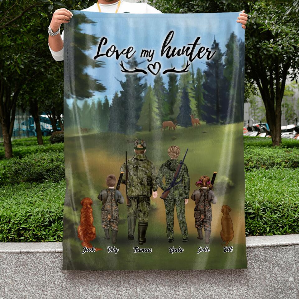 Personalized Hunting With Pets Flag - Parents With Up To 2 Kids/Couple/Single Parent/Solo Man/Woman and Pets - Best Gift For Hunting Lovers