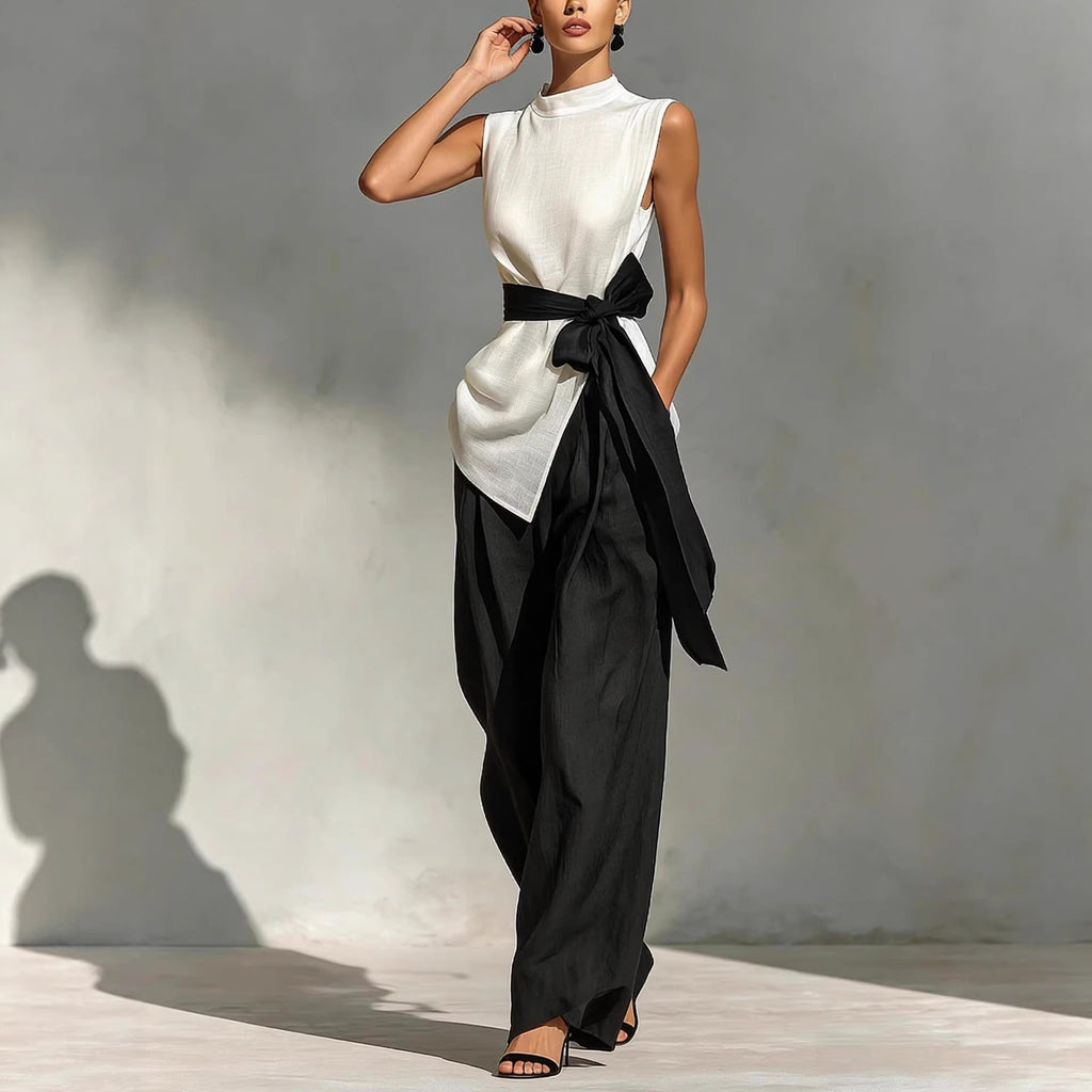Women's Sleeveless Top and Wide-Leg Pants Set in White and Black