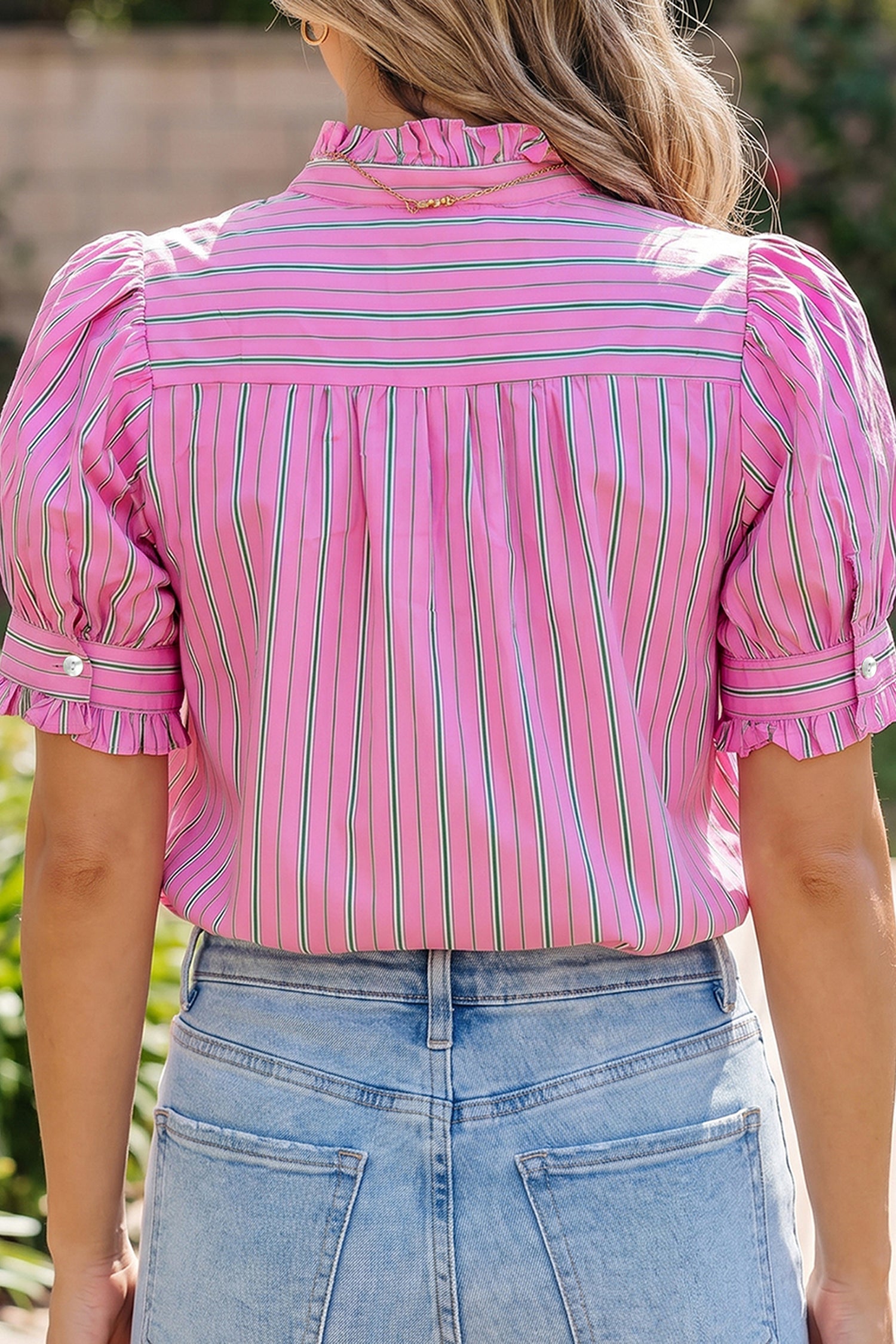 Tiffany Short Puff Sleeve Ruffled Blouse Striped Top