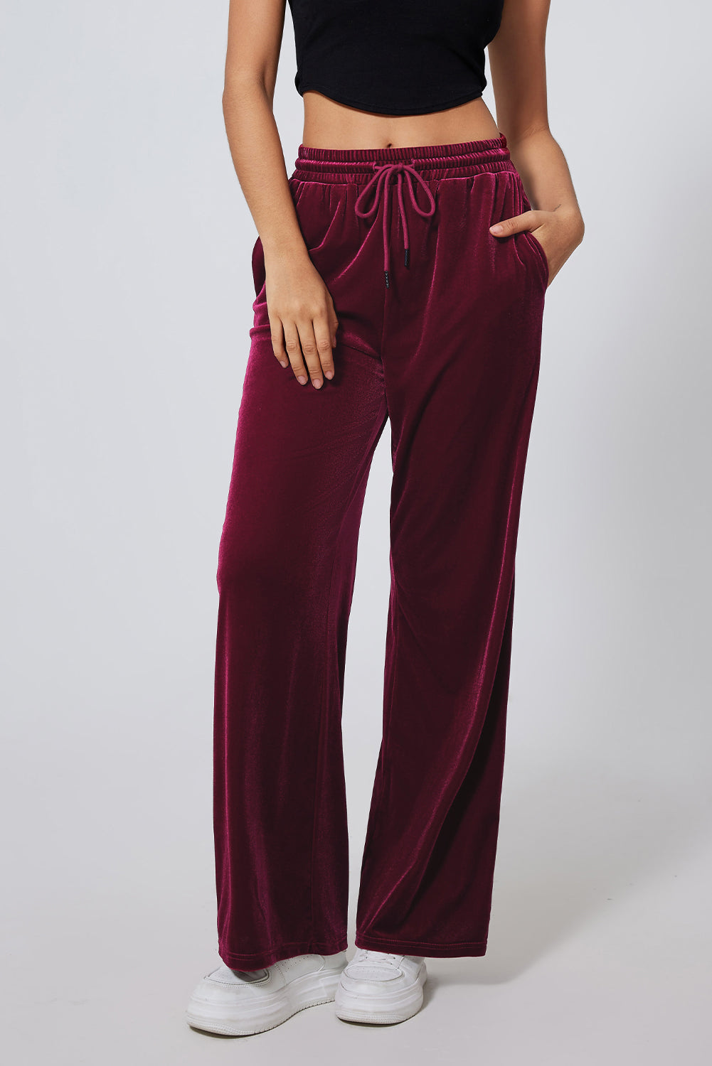 Solid Drawstring Waist Wide Leg Pants