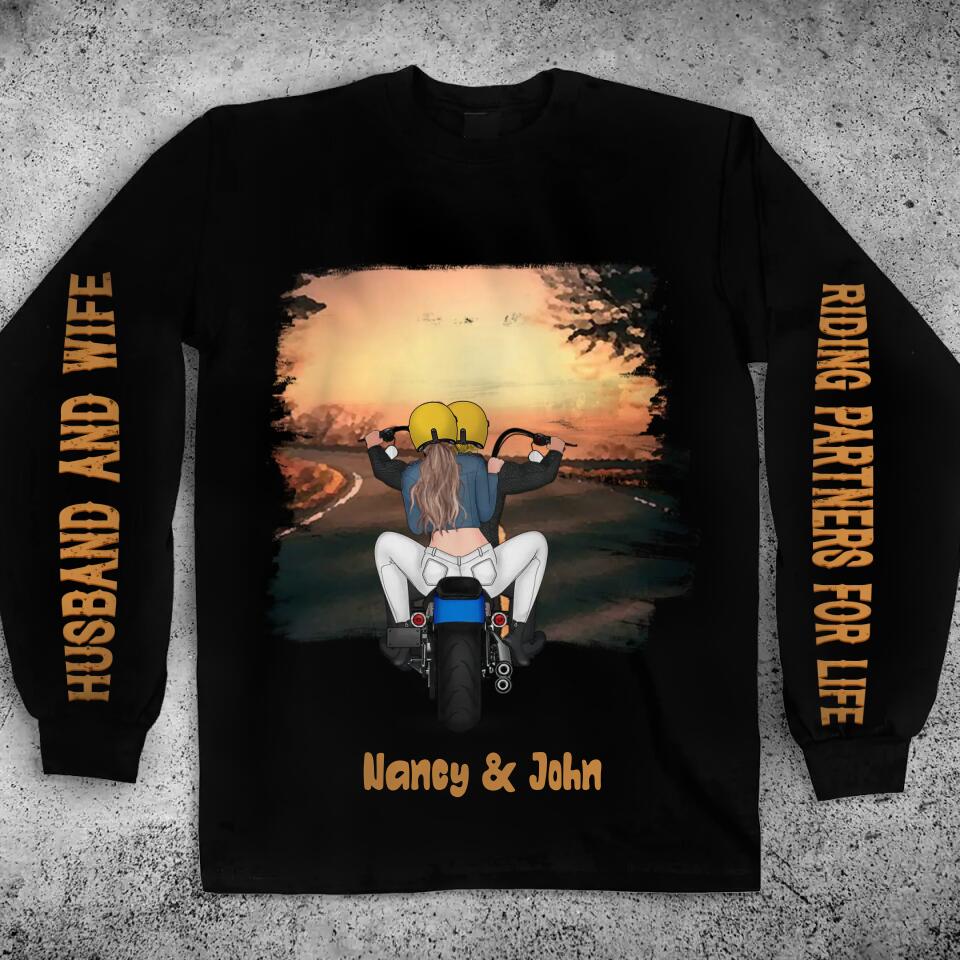Personalized Biker Couple Long Sleeve Shirt - Gift Idea For Couple/Bikers - Husband And Wife Riding Partners For Life