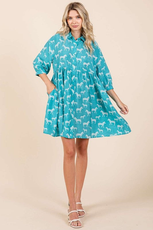 Zebra Print Button-Down Shirt Mini Dress with Tiered Detail