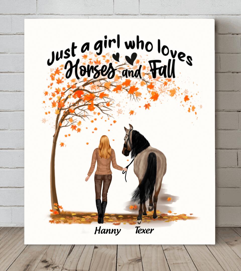 Personalized Horse Mom In Autumn Canvas - Girl With Up to 2 Horses - Gift For Horse Lover