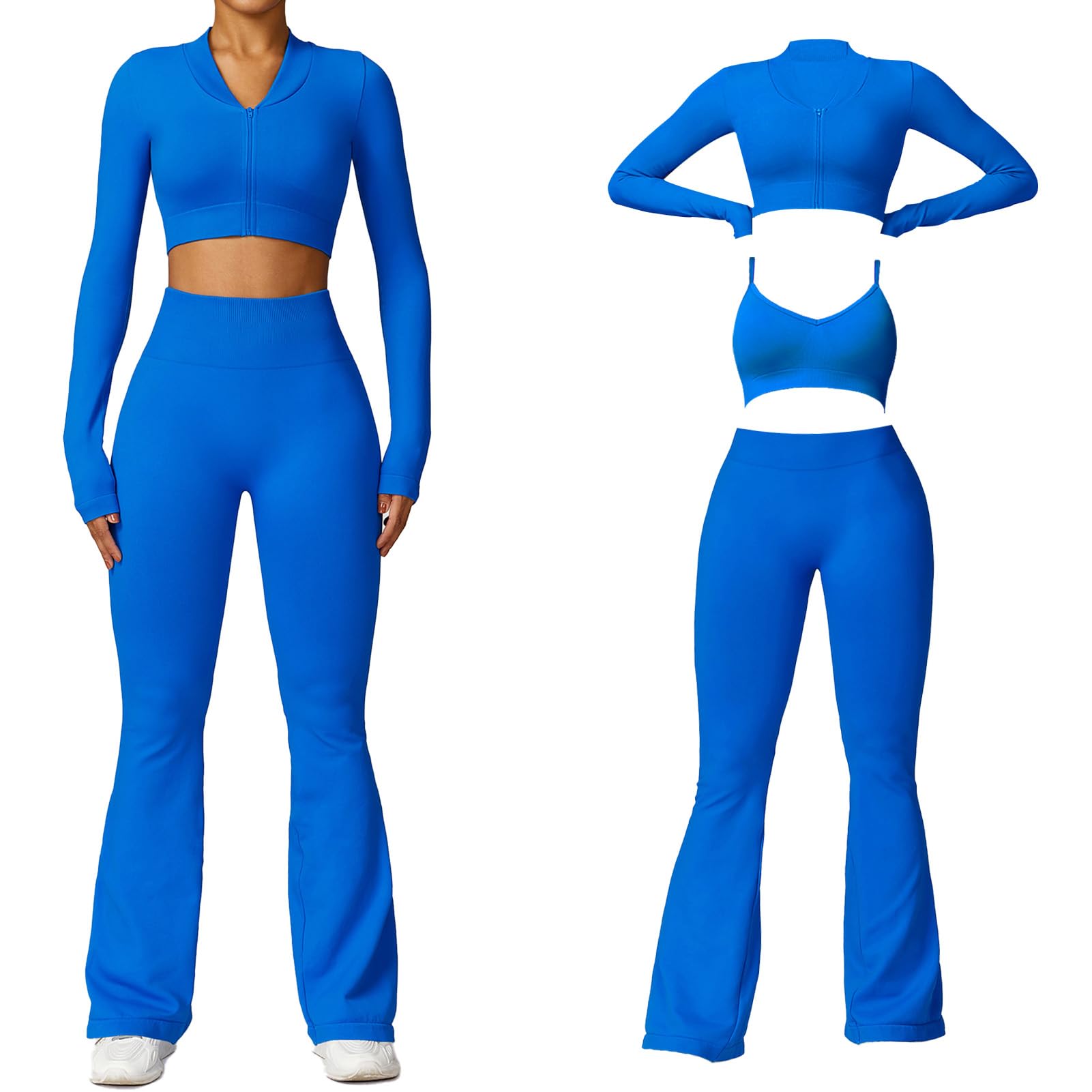 YILKOO Womens 3 Piece Workout Sets Seamless High Waist Flare Leggings Sports Bra and Zip Jacket (BlueSmall)