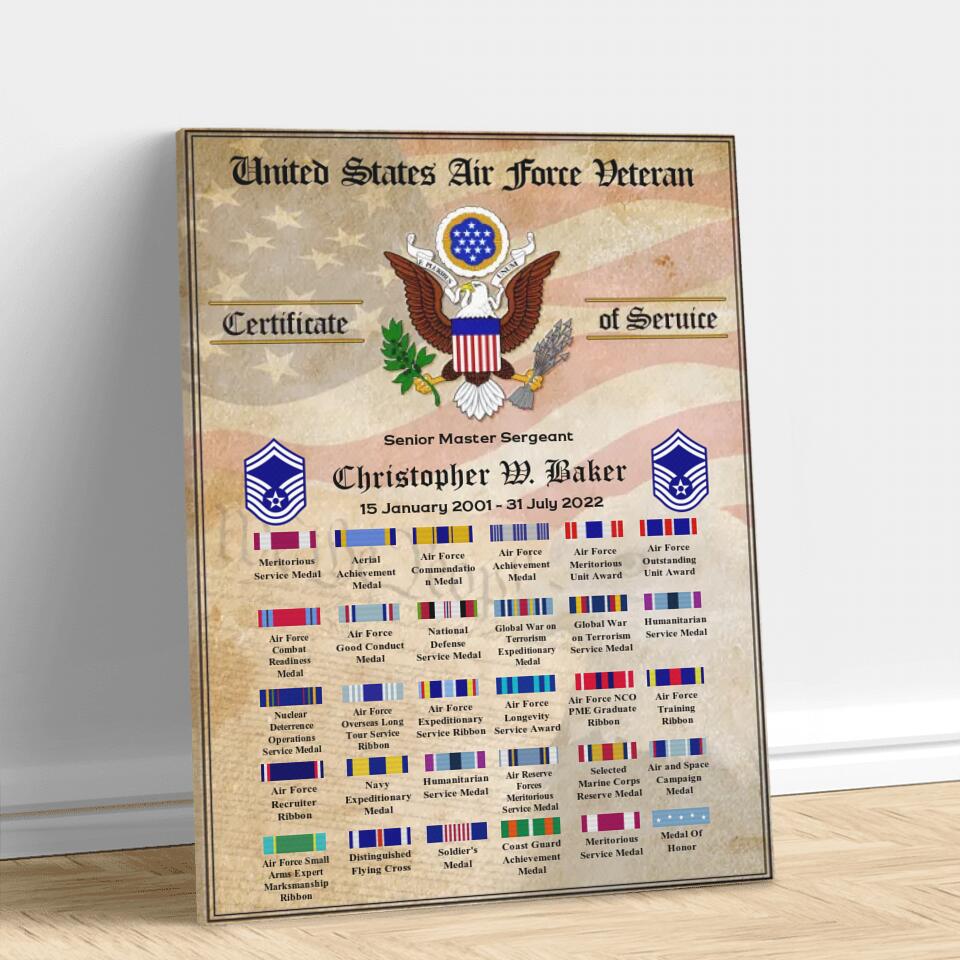 Personalized Veteran Certificate Canvas - Up to 30 Ribbons - Gift Idea For Veteran