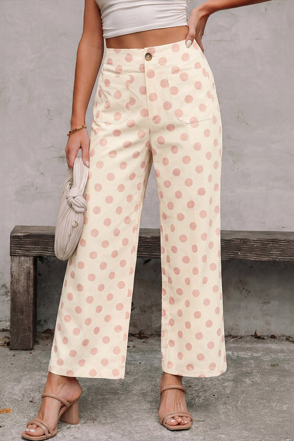 White Polka Dot Loose Wide Leg Pants with Patched Pockets