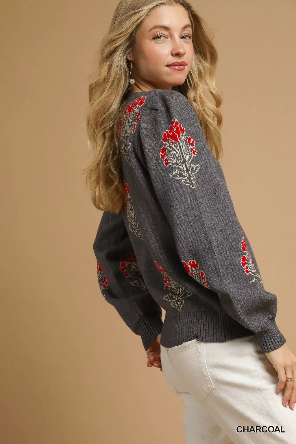 Single Flower Stem Jacquard Pullover Sweater in Charcoal