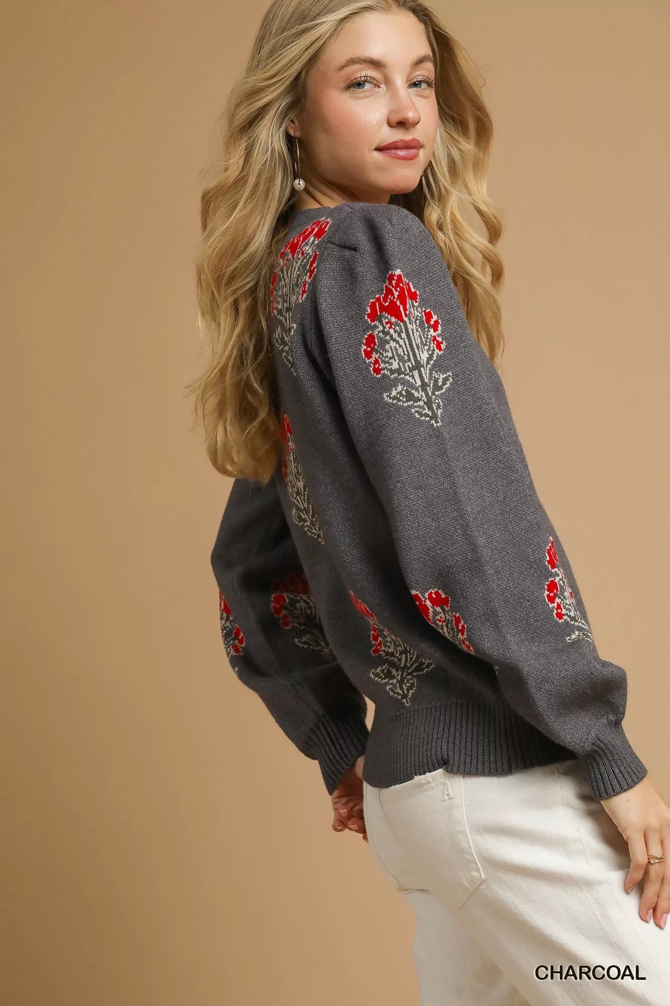Single Flower Stem Jacquard Pullover Sweater in Charcoal